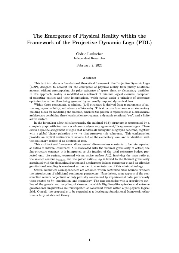D1 | The Emergence of Physical Reality within the Framework of the Projective Dynamic Logo (PDL). Core axioms, (4-6) block, proton architecture, constants, gravitation, cosmology.